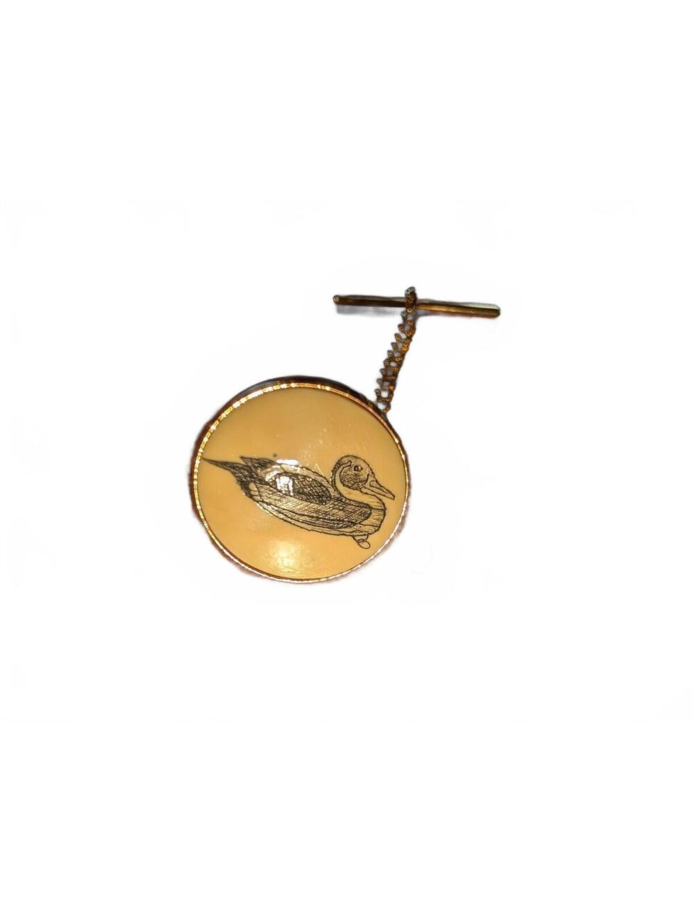 Vintage Duck Motif Tie Tack with Gold Tone Chain and Bar